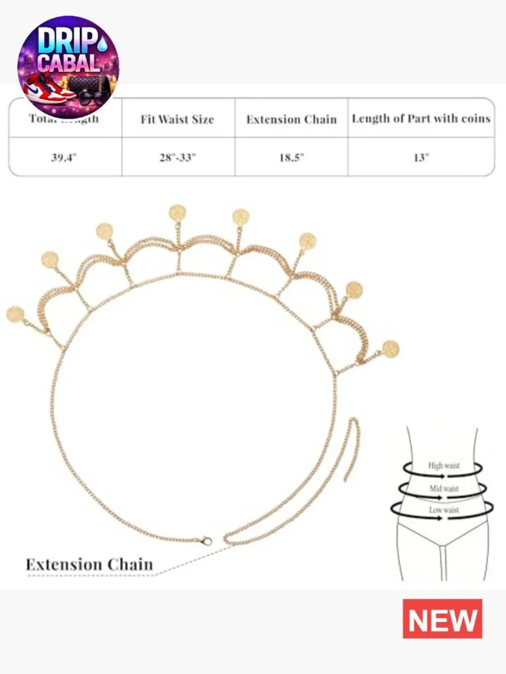 Metal Chain Belt with Lobster Clasp Adjustable Fit for Waist
